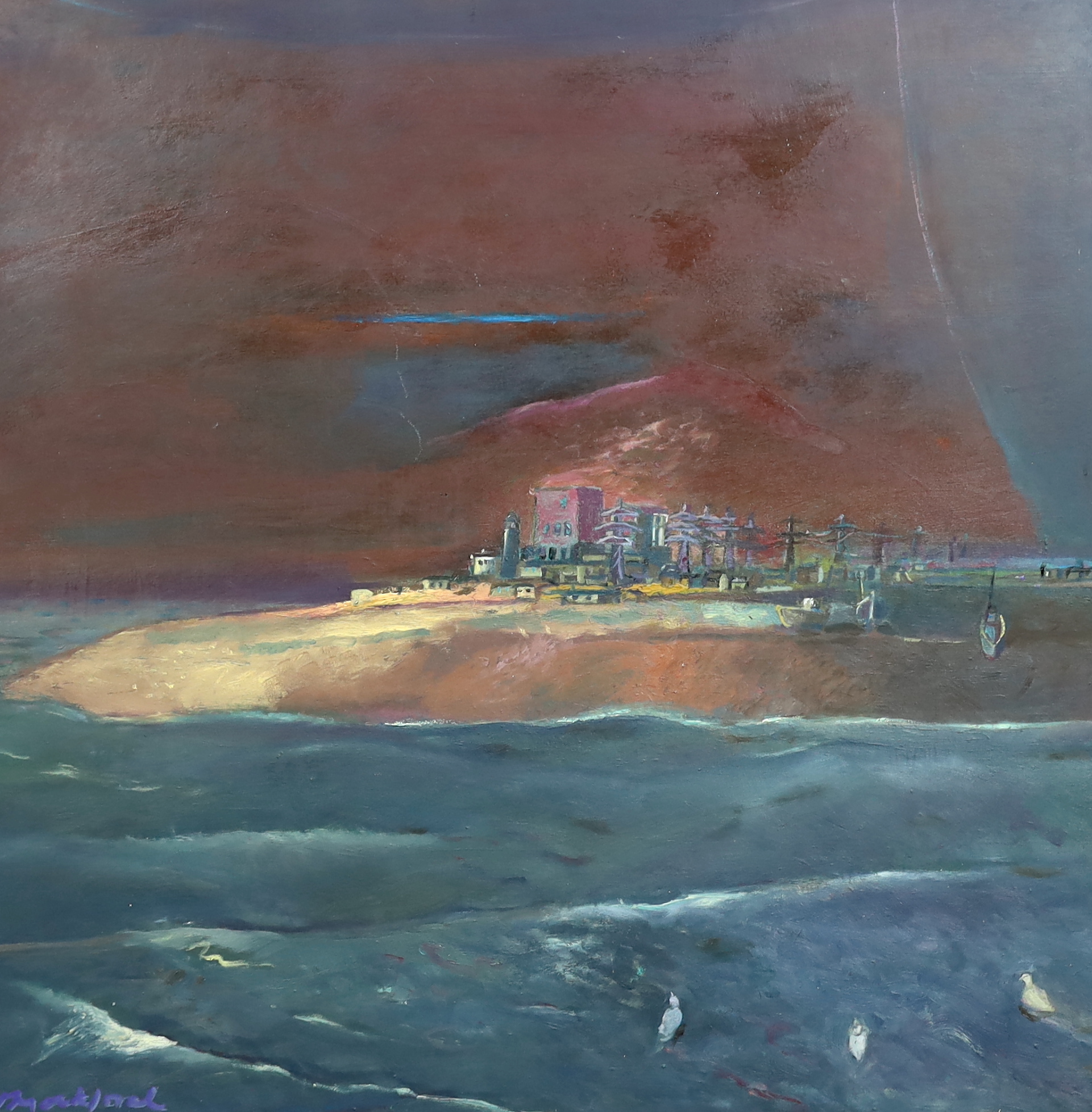 Harold Mockford (English, 1932-2023), Dungeness from the Sea, oil on board, 90 x 90cm